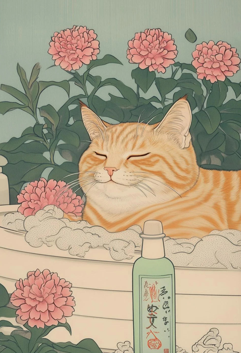 Japanese Tabby Cat in Bathtub Canvas Poster – Retro Japandi Bathroom Wall Art