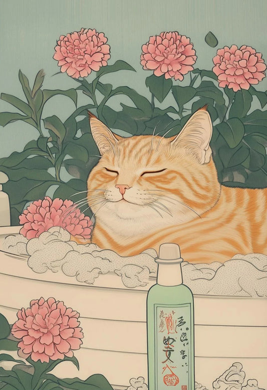 Japanese Tabby Cat in Bathtub Canvas Poster – Retro Japandi Bathroom Wall Art