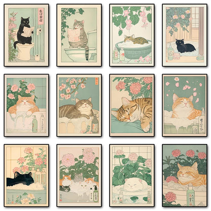 Japanese Tabby Cat in Bathtub Canvas Poster – Retro Japandi Bathroom Wall Art