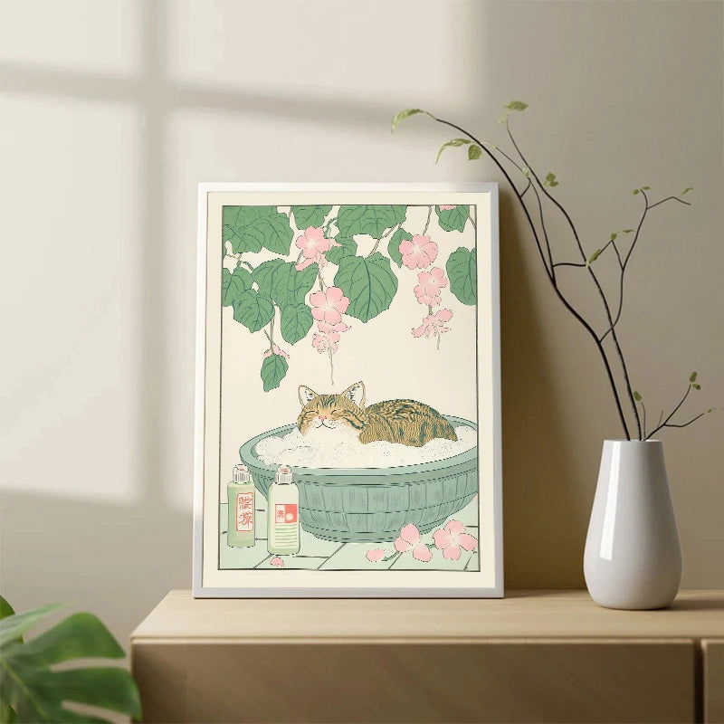 Japanese Tabby Cat in Bathtub Canvas Poster – Retro Japandi Bathroom Wall Art