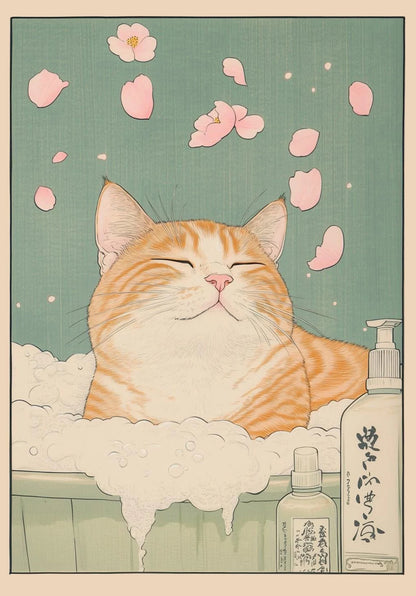 Japanese Tabby Cat in Bathtub Canvas Poster – Retro Japandi Bathroom Wall Art