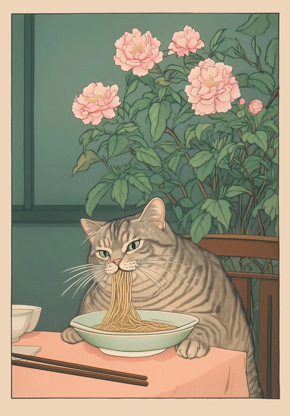 Japanese Tabby Cat in Bathtub Canvas Poster – Retro Japandi Bathroom Wall Art