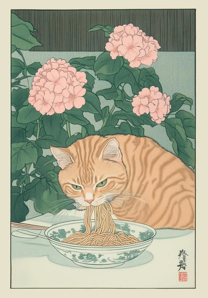 Japanese Tabby Cat in Bathtub Canvas Poster – Retro Japandi Bathroom Wall Art