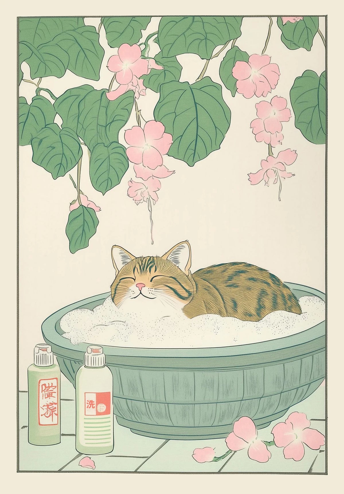 Japanese Tabby Cat in Bathtub Canvas Poster – Retro Japandi Bathroom Wall Art